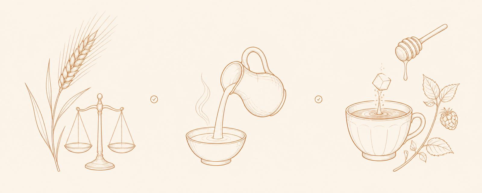 Hand-drawn illustration of wheat with a balance scale, a milk jug pouring into a bowl, and a sugar cube dissolving into tea with honey and berries