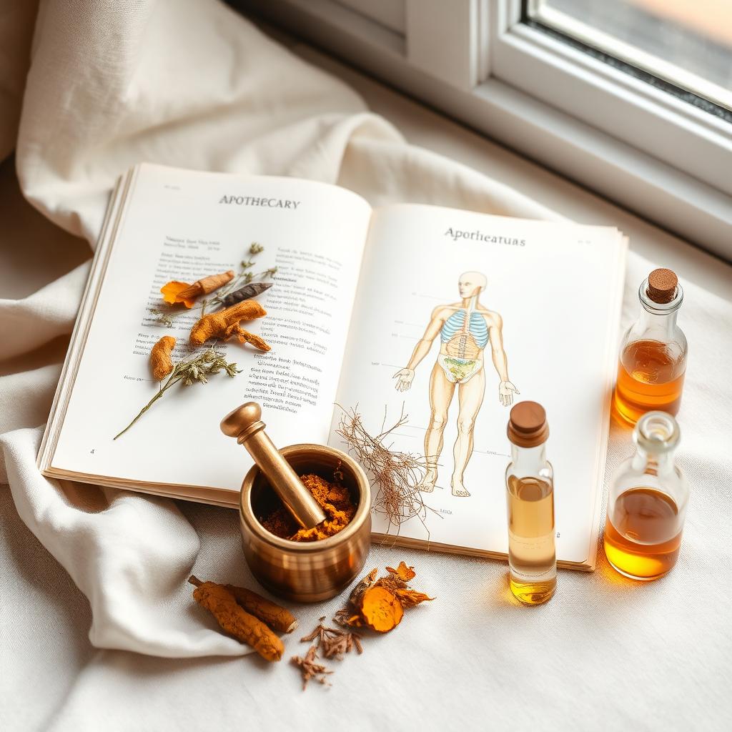 An open apothecary journal with dried herbs, a brass mortar and pestle, and glass tincture vials on soft cream linen
