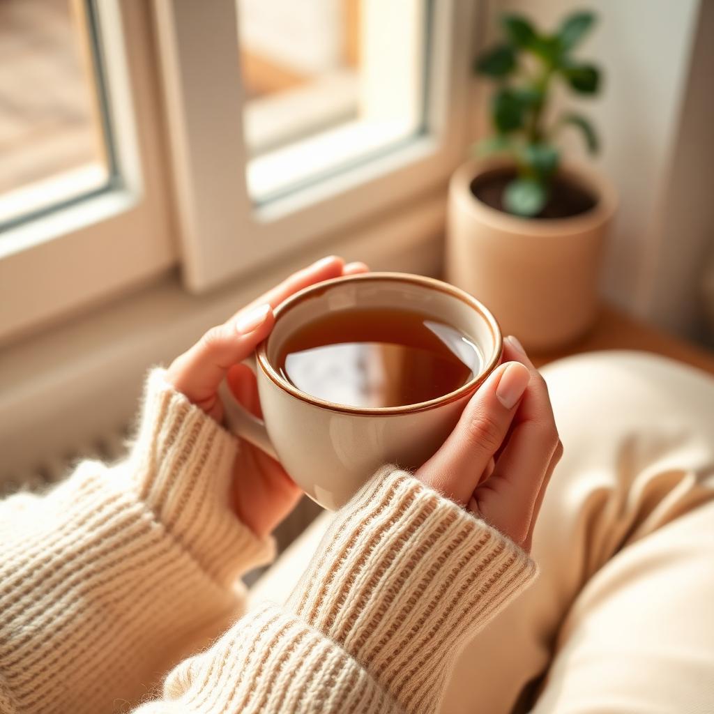 A woman's hands cradling a warm ceramic cup of herbal tea near a sunlit window, calm and hopeful