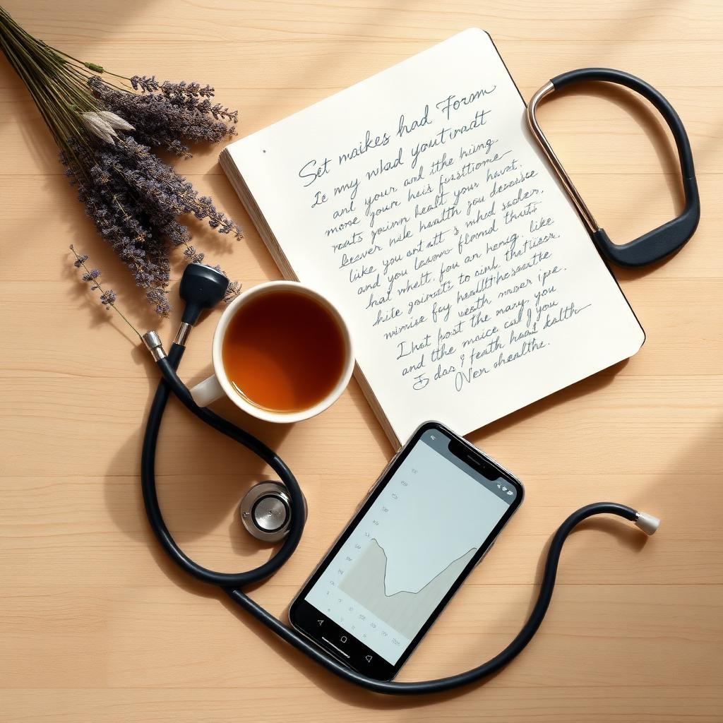 A warm ceramic tea cup, an open notebook with handwritten notes, dried lavender, and a stethoscope on a wooden desk in soft morning light